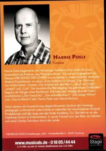 Ak Musicaldarsteller Harrie Poels, Portrait, König der Löwen, Autogramm