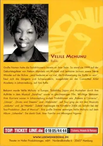 Ak Musicaldarstellerin Velile Mchunu, Portrait, König der Löwen, Autogramm