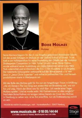 Ak Musicaldarsteller Boise Holmes, Portrait, König der Löwen, Autogramm
