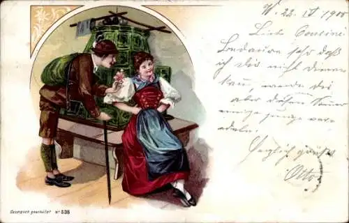 Litho Liebespaar, Mann mit Geschenk, Blumenstrauß