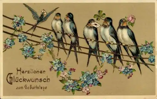 Ak Glückwunsch Geburtstag, Schwalben auf einem Telefonmast