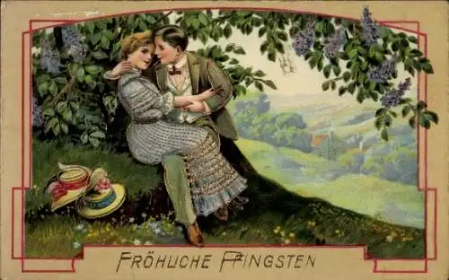 Präge Ak Glückwunsch Pfingsten, Liebespaar, Baum, Hut