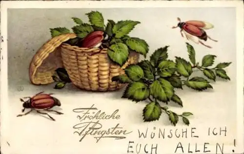 Ak Glückwunsch Pfingsten, Maikäfer, Laubblätter