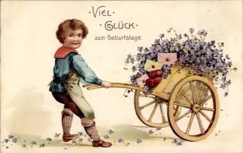 Präge Ak Glückwunsch Geburtstag, Kind, Karren, Blumen