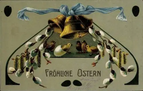 Präge Ak Glückwunsch Ostern, Küken, Glocken, Weidenkätzchen