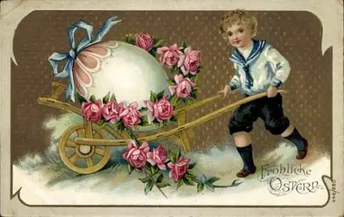 Präge Ak Glückwunsch Ostern, Junge, Schubkarre, Osterei, Rosen