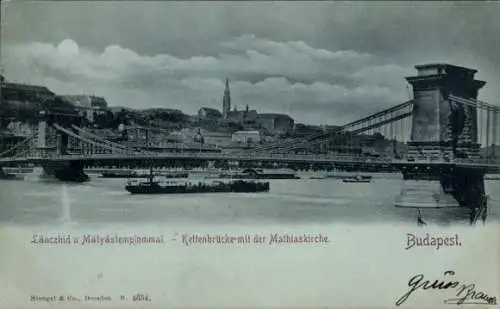 Ak Budapest Ungarn, Kettenbrücke, Mathiaskirche, panoramische Ansicht, Fluss