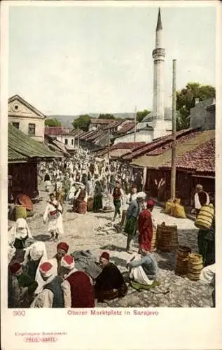 Ak Sarajevo Bosnien Herzegowina, Oberer Marktplatz, Händler und Kunden
