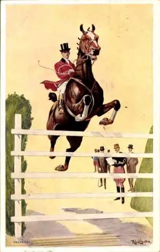 Künstler Ak Springreiter mit Pferd, Hürde