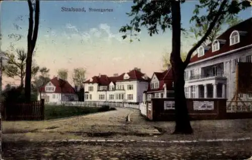 Ak Stralsund in Vorpommern, Stadtansicht, Rosengarten,  Architektur, Bäume, Straßenansicht