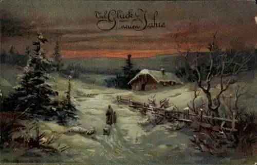 Ak Glückwunsch Neujahr, Wohnhaus, Schnee, Winter, Tannenbaum