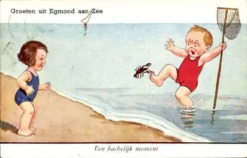 Künstler Ak Wills, John, Kinder am Strand, Krebs kneift in Zeh