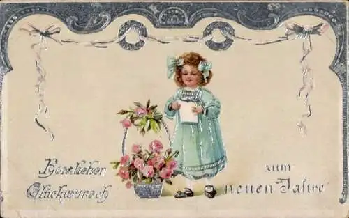 Präge Ak Glückwunsch Neujahr, Mädchen, Blumenkorb