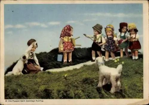 Ak Käthe Kruse Puppen, beim Sonntagsausflug, Stoffhunde