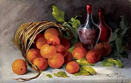 Künstler Ak Golay, Mary, Stillleben, Weinflaschen, Mandarinen