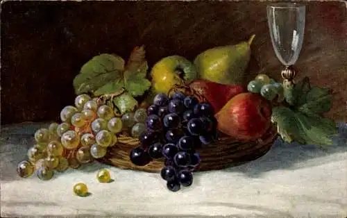 Ak Früchtestillleben, Weintrauben, Birnen, Weinglas