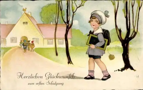 Ak Glückwunsch Einschulung, Kind mit Tafel, Schulgebäude