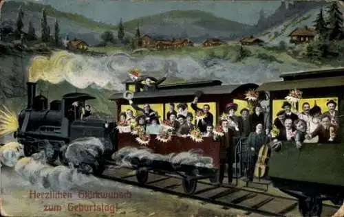 Ak Herzlichen Glückwunsch zum Geburtstag, Eisenbahn, Fahrgäste