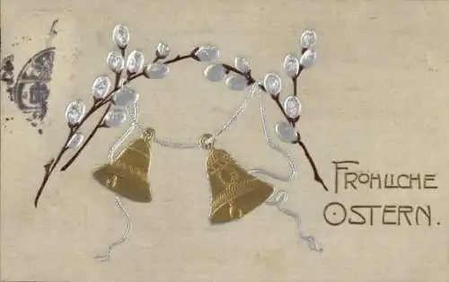 Präge Ak Ostern, Weidenkätzchen, Glocken