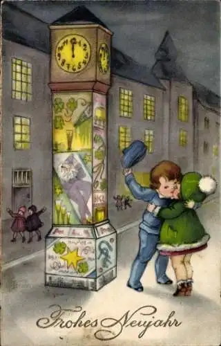 Litho Frohes Neujahr, Uhr, Kuss