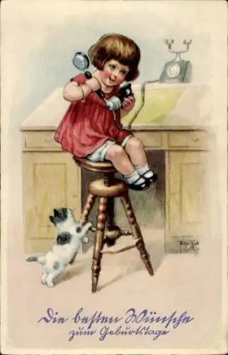 Ak Glückwunsch Geburtstag, Mädchen mit Telefon, Katze