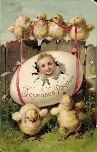 Litho Glückwunsch Ostern, Küken, Kind im Osterei