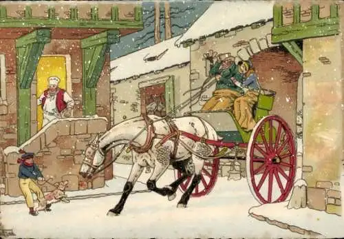 Künstler Ak Kutsche, Pferd, Hund, Ortspartie im Winter