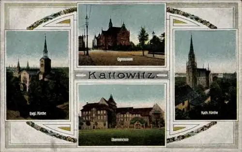 Passepartout Ak Katowice Kattowitz Oberschlesien, Gymnasium, Kath. und Evang. Kirche, Oberrealschule