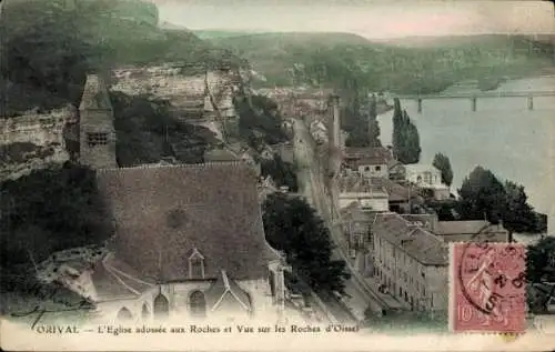 Ak Orival Seine Maritime, L'Eglise, Felsen, Fluss, Postkarte, oranger Farbton