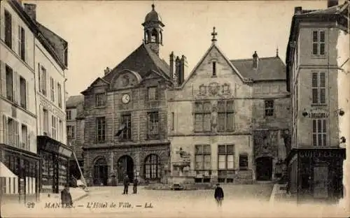 Ak Mantes la Jolie Yvelines, Stadtansicht, L'Hôtel de Ville, Uhrturm, historische Architektur
