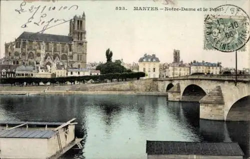 Ak Mantes la Jolie Yvelines, Notre-Dame, Architektur, Brücke, Stadtansicht
