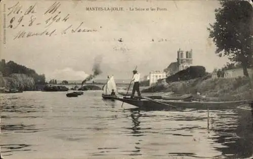 Ak Mantes la Jolie Yvelines, Seine, Brücke, Dampfer, Boote