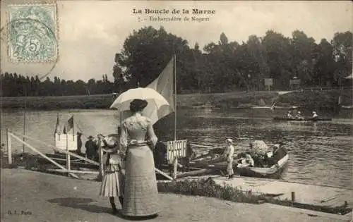 Ak Nogent sur Marne Val de Marne, Frau mit Sonnenschirm, Bootsanleger, Fluss mit Booten, Bäume...