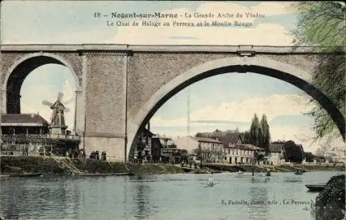 Ak Nogent sur Marne Val de Marne, Grande Arche du Viaduc, Quai de Halage au Perreux, Moulin Rouge