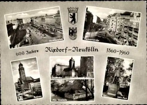 Ak Berlin Neukölln Rixdorf, Hermannplatz, Hermannstraße, 600 Jahre Rixdorf- Dorfkirche, Rathaus