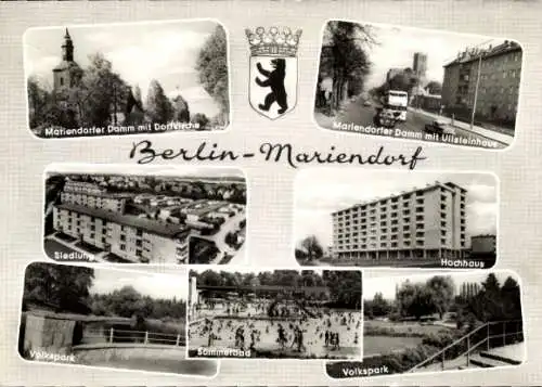 Ak Berlin Tempelhof Mariendorf, Kirche, Ullsteinhaus, Hochhaus, Volkspark, Sommerbad