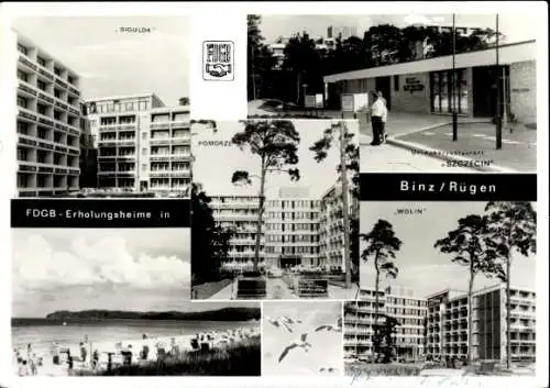 Ak Seebad Binz auf Rügen, FDGB Erholungsheime Sigulda, Pomorze, Szcecin und Wolin