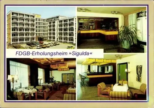 Ak Seebad Binz auf Rügen, FDGB-Erholungsheim Sigulda, Außenansicht, Rezeption, Hallenbar, Farb...