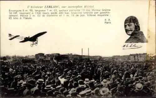 Ak Aviateur Leblanc, sur monoplan Blériot, Pilot, Flugpionier