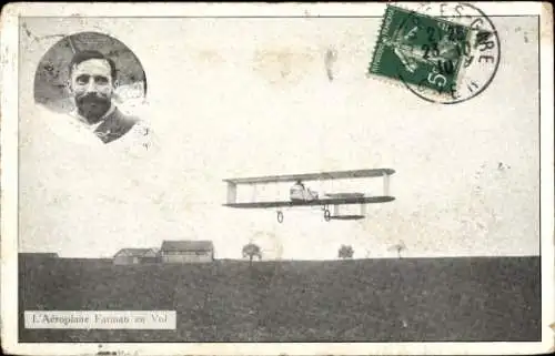 Ak Farman Flugzeug im Flug, Pilot, Doppeldecker, Flugpioniere