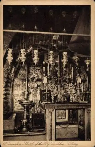 Ak Jerusalem Israel, Kirche des Heiligen Grabes, Altarraum, Ikonen, religiöse Symbole