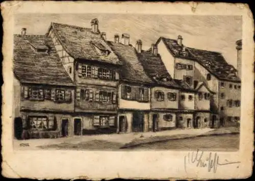 Ak Basel Stadt Schweiz, Handzeichnung von alten Häusern, Am Spalengraben, Origina, Handpressen-Ab