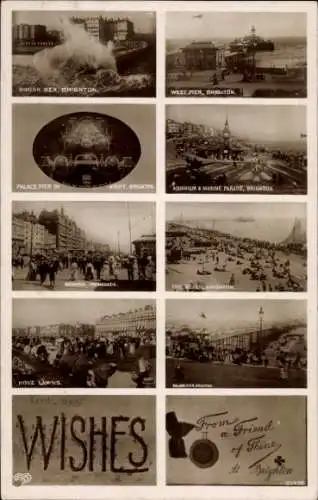 Ak Brighton East Sussex England, Raues Meer, West Mer, Palace Pier bei Nacht, Aquarium, Hove Lawn