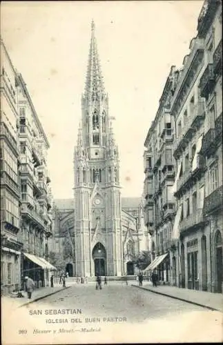 Ak Donostia San Sebastian Baskenland, Iglesia del Buen Pastor, hohe Kirche, Stadtansicht, schwarz