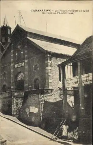 Ak Antananarivo Tananarive Madagaskar, Theatre Municipal, Norwegische Kirche,  Architektur, städt