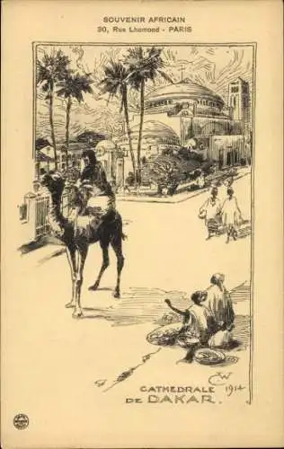 Ak Dakar Senegal,  mit Kamelreiter, Markt und Kathedrale, handgezeichnet