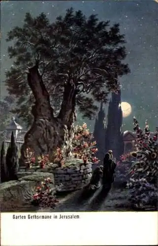 Ak Jerusalem Israel, Garten Gethsemane, nächtliche Szenerie, Mond, Blumen, Bäume