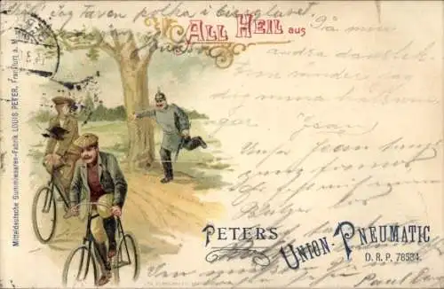 Litho All heil aus Peters Union Pneumatic, Preussischer Polizist rennt hinter Fahrrädern
