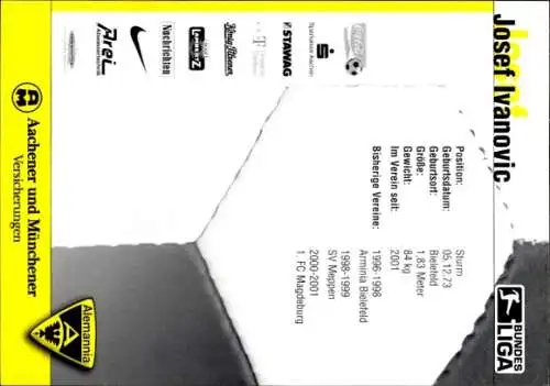 Autogrammkarte Fußballer Josef Ivanovic, Alemannia Aachen, Autogramm