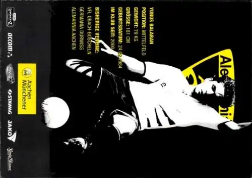 Autogrammkarte Fußballer Yunus Balaban, Alemannia Aachen, Autogramm